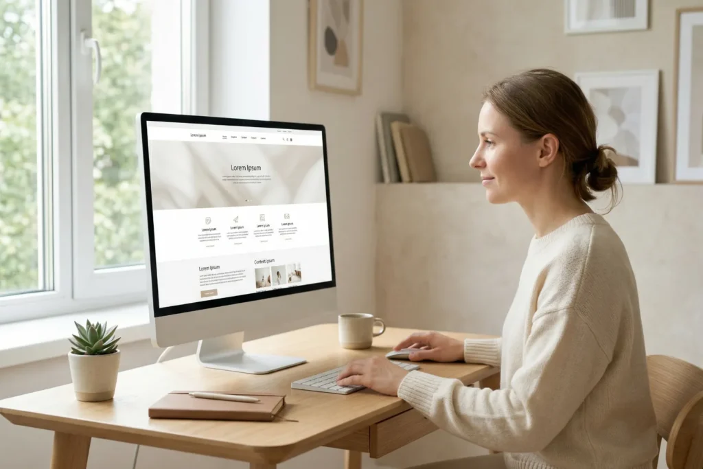 A woman sits at a clean desk and reads content on a well-organized website with clear spacing and structure. 