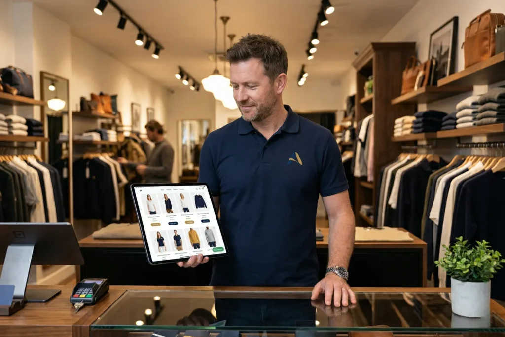 A man stands behind a retail counter and checks a website on his tablet that shows consistent product pages and layout. 