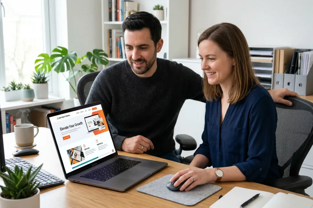A husband and wife sit together reviewing a fast and well-designed website on a laptop in a home office. This scene represents web design for user retention through speed, clarity, and easy navigation.