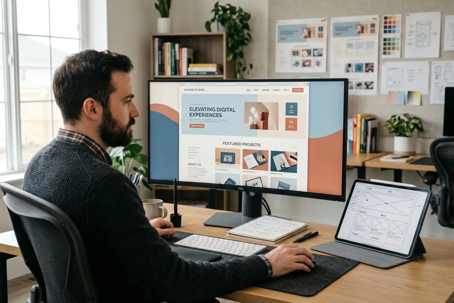 A male web designer sits at a desk reviewing a visually appealing website layout on a large monitor, with a tablet showing a wireframe beside him. This scene represents web design for user retention through a polished and intuitive interface.