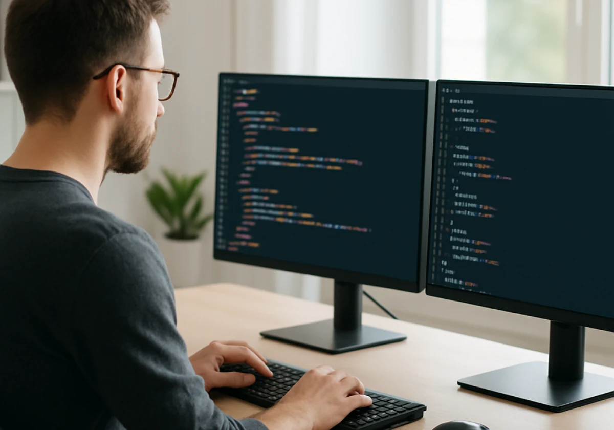 Web developer at a modern desk with dual monitors displaying clean